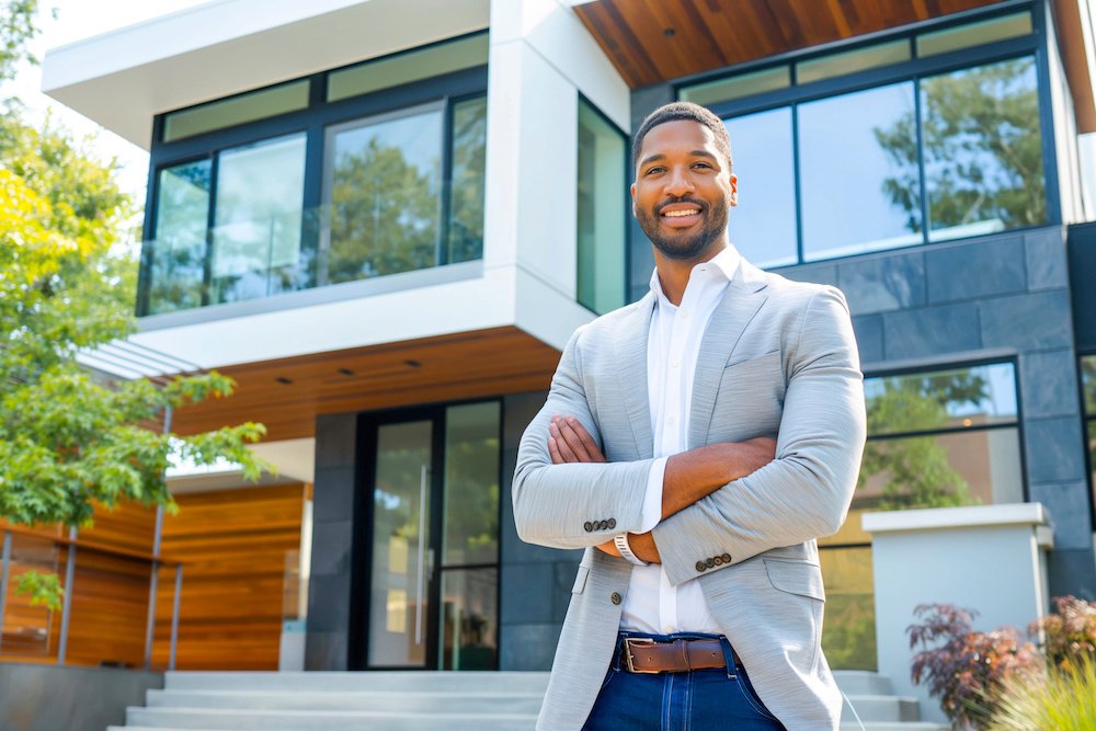 Confident African American man real estate agent stands proudly outside a modern home, radiating expertise and approachability, ready to assist potential house buyers Confident African American man real estate agent stands proudly outside a modern home, radiating expertise and approachability, ready to assist potential house buyers